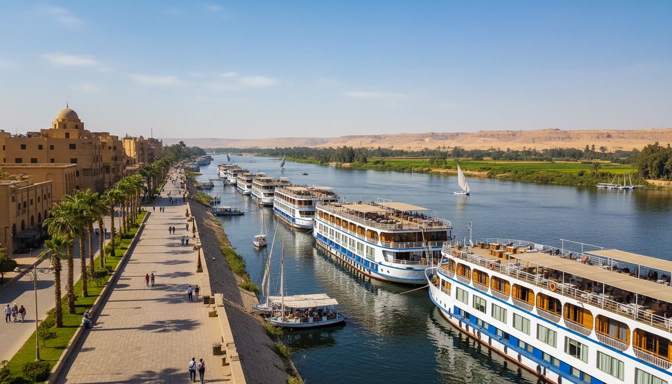 Nile cruise ships moored along the Luxor corniche on the east bank