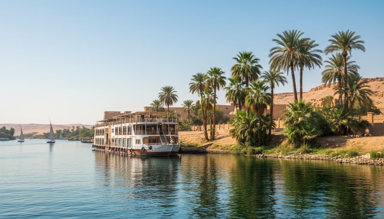 Nile cruise ship moored by palm trees near Edfu on the Luxor to Aswan route