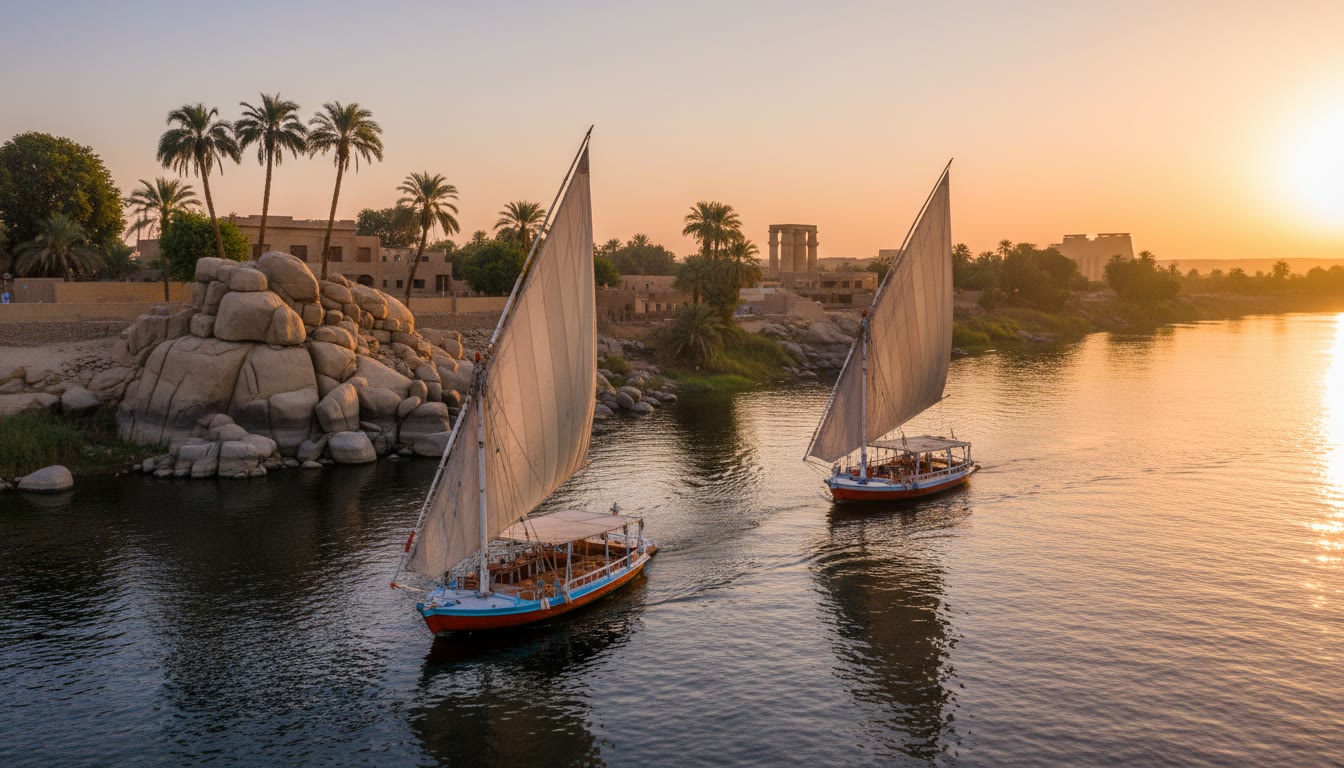 Dahabiya with lateen sails travelling on the Nile near Aswan at sunset