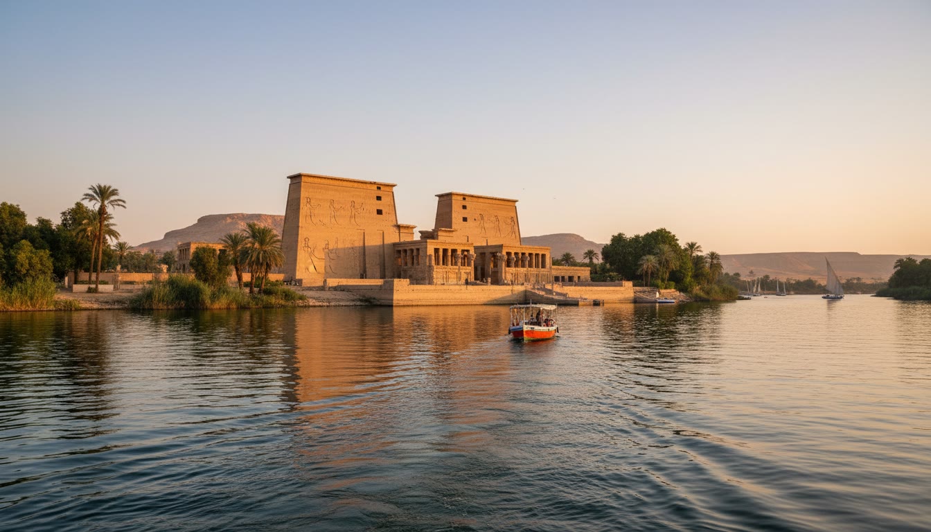 Philae Temple on Agilkia Island near Aswan seen from the Nile