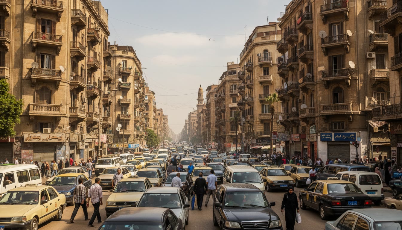 Dense midday traffic and pedestrians on a busy downtown Cairo street