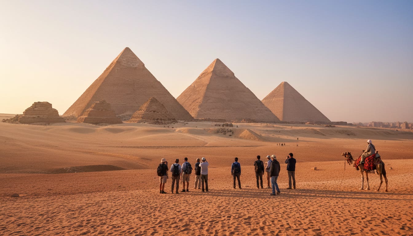 Early morning light on the pyramids of Giza with few visitors on the plateau