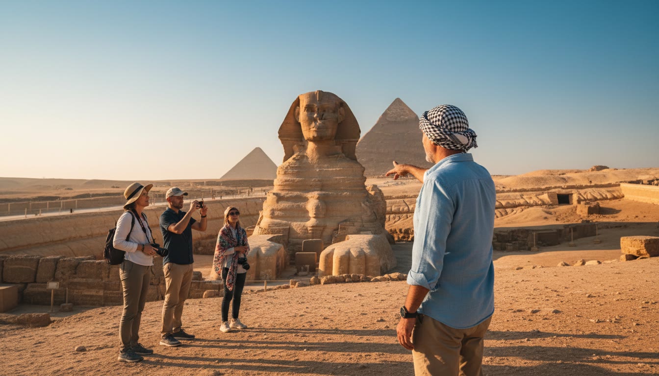 A guide talking with visitors in front of the Great Sphinx at Giza