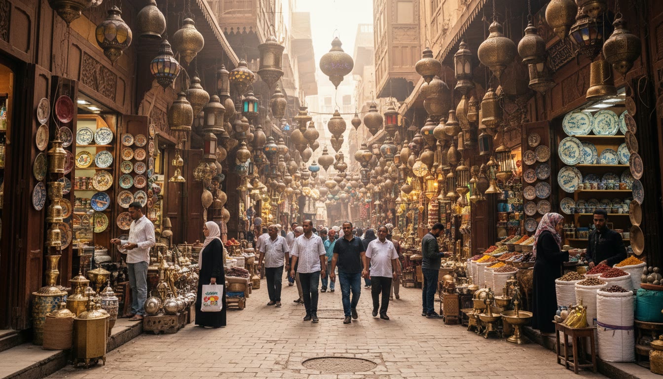Shoppers walking along a narrow lane lined with shops in Khan el-Khalili, Cairo