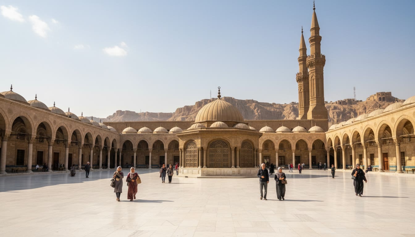 Visitors in modest clothing in the courtyard of the Mohamed Ali Mosque at the Cairo Citadel
