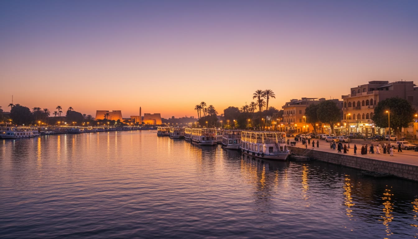 Moored Nile cruise boats along the Luxor corniche promenade at dusk