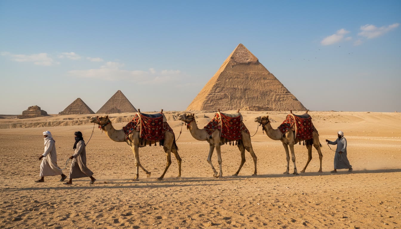 Camels and handlers on the Giza plateau with the Pyramids of Giza behind