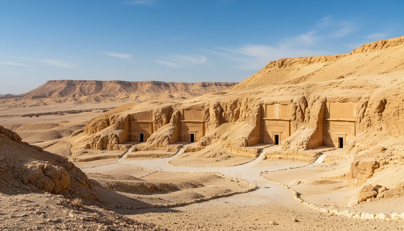 Tomb entrances and limestone cliffs in the Valley of the Kings on Luxor's West Bank